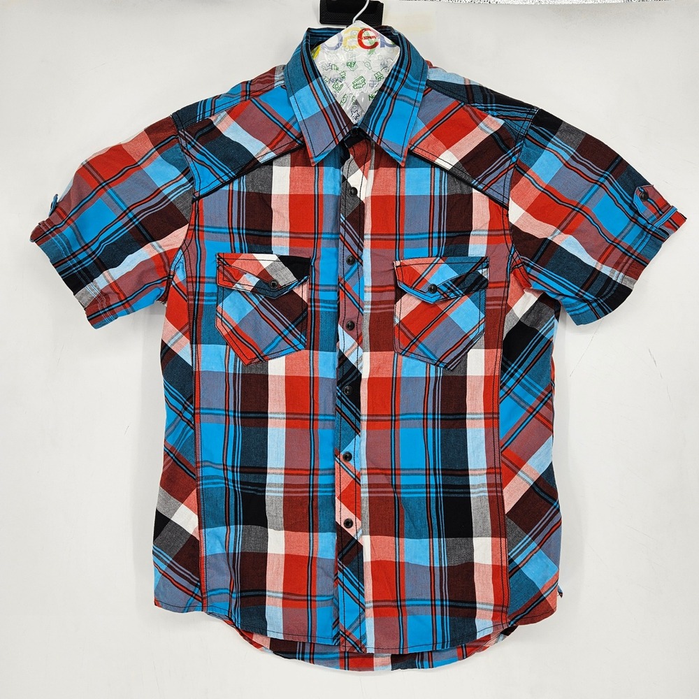 Rock & Roll Cowboy Shirt Mens Medium Blue Plaid Western Pearl Snap Rodeo